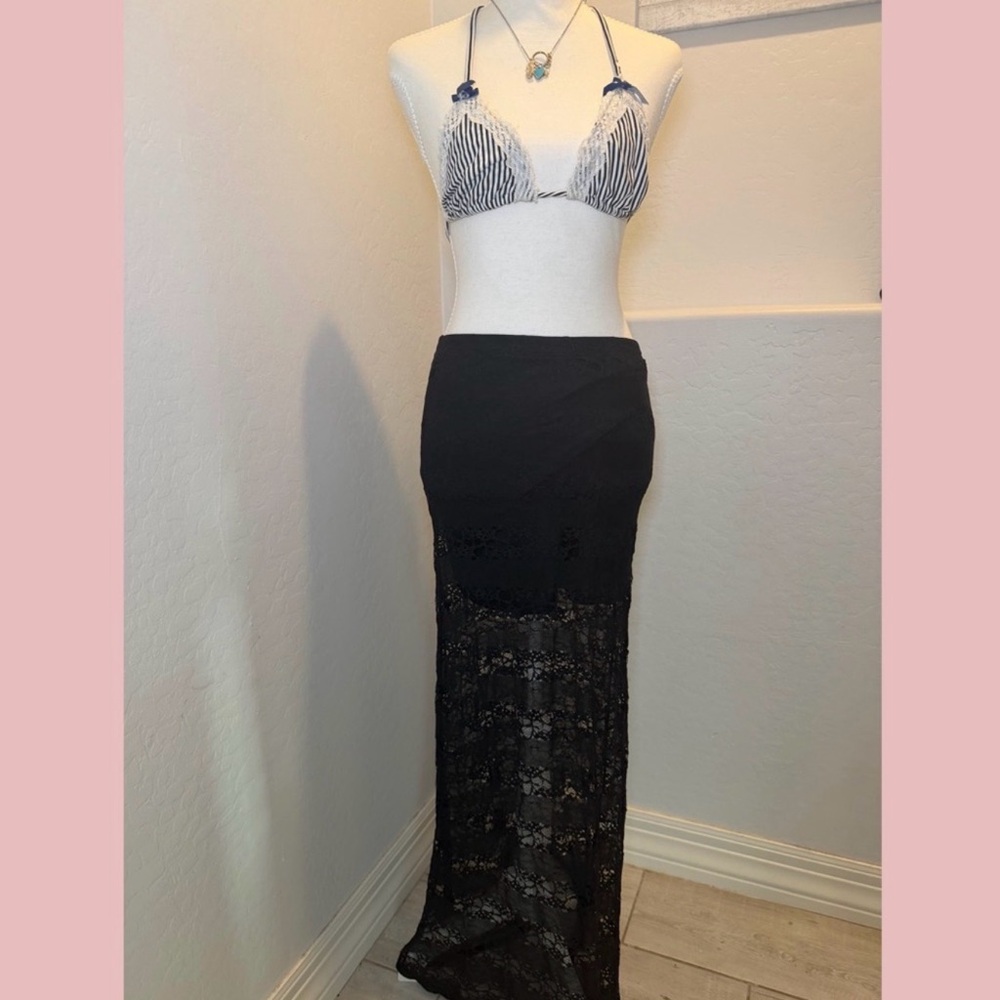 Lily White Black Sheer Lace Maxi Skirt Boho‎ Goth Festival XS